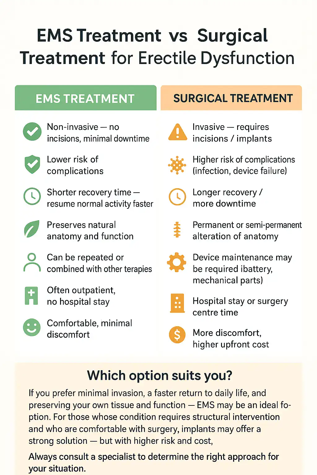 A table showing the benefits of EMS chair for erectile dysfunction treatment Ipswich compared to surgery.