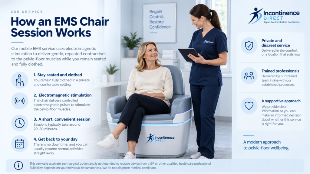how ems chair session works at incontinence direct Ipswich a detailed infographics for the incontinence process